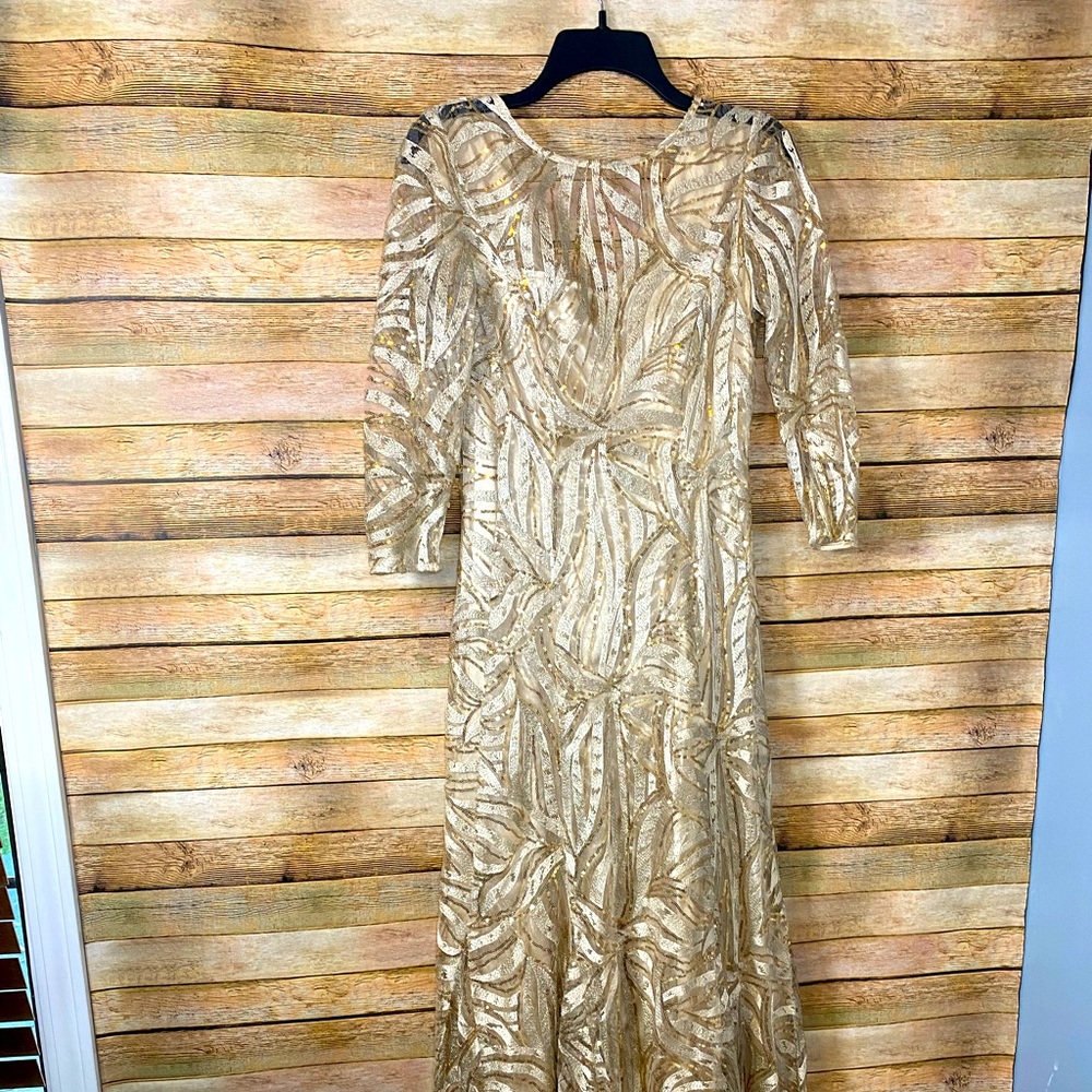 Tahari gold sequin 3/4 Sleeve Sequin A-Line Gown